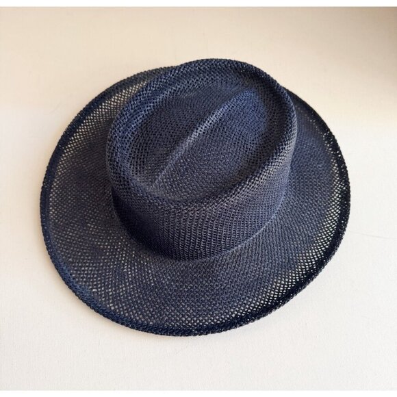 Vintage KP Navy Blue Straw Wide Brim Fedora Hat L - Picture 5 of 8